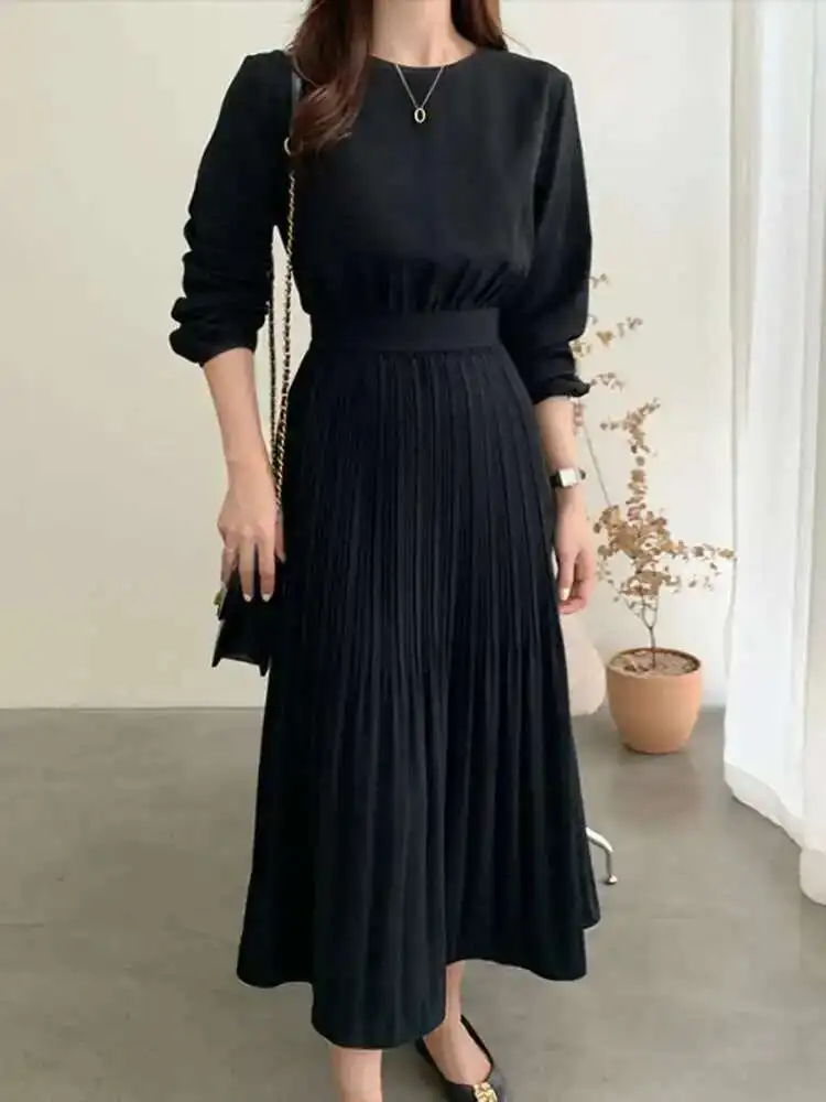 Korea Chic Herfst Casual Trend Vrouwen O Hals Riem Mode Eenvoudige Geplooide Jurk Met Lange Mouwen 2025, Lente Herfst
