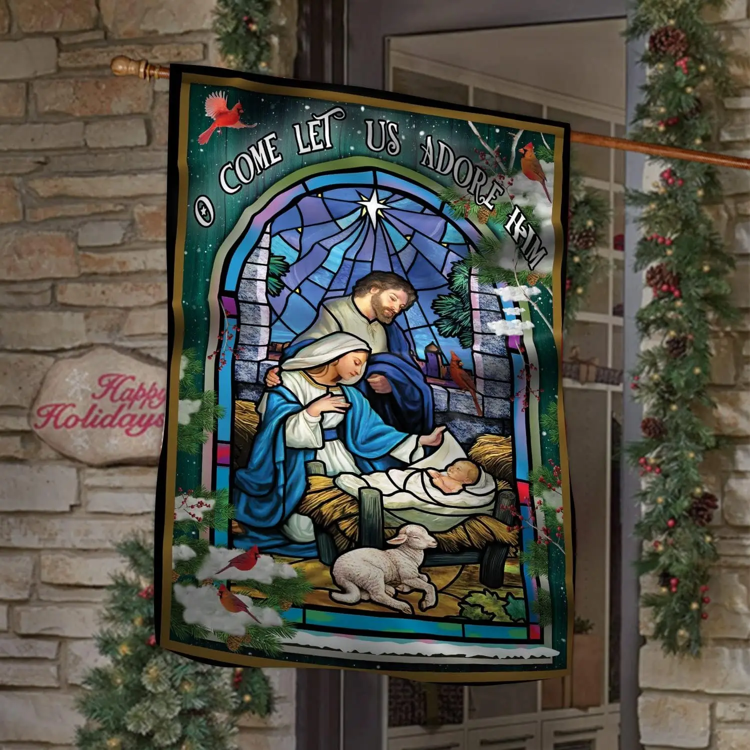 Holy Family O Come Let Us Adore Him Winter Garden Flag House Flag, Nativity Religious Christmas Banners For Outside, Merry Flags