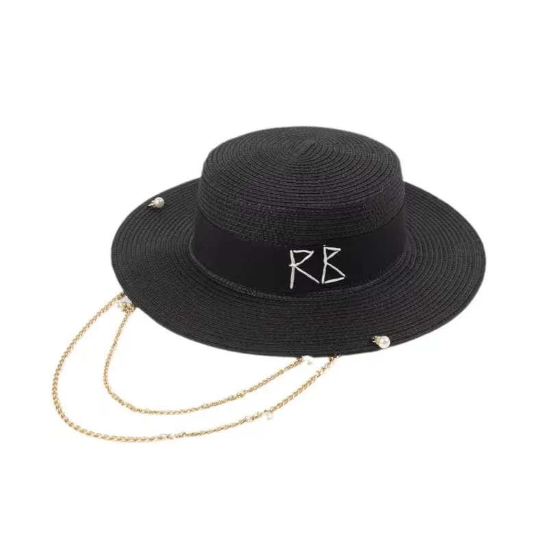 2024 summer new arrival Double Chain Strap Fedora Hat straw hat for women