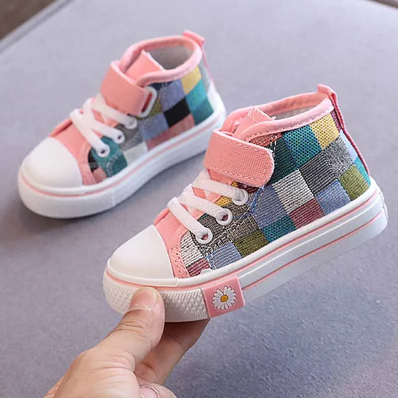 2023 Autumn New Hook Canvas for Kids Fashion Plaid Sneakers Boys Casual Shoes Girls Non-slip Outdoor Footwear Children's Shoes