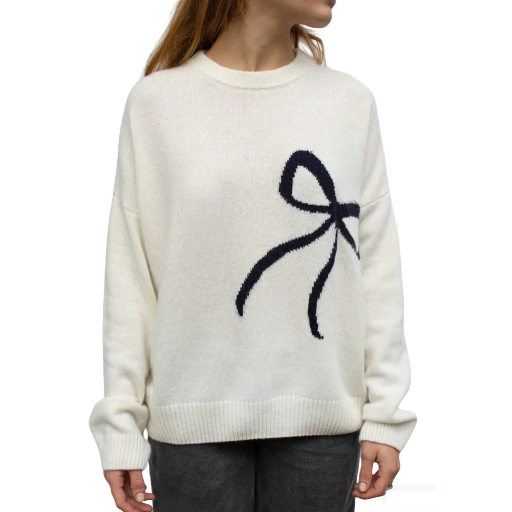 2025 الخريف/الشتاء مجموعة جديدة المرأة أنيقة ومتعددة الاستخدامات القوس التفاصيل فضفاضة تناسب التخسيس بلوفر مغزول #4