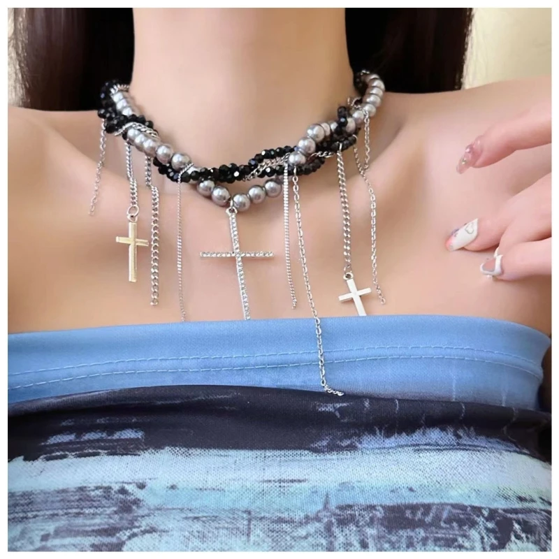 Elegant Faux Pearls Chain Necklace with Tassels Crucifix Pendant Neckchain for Fashionable Women Stylish Clavicle Chain