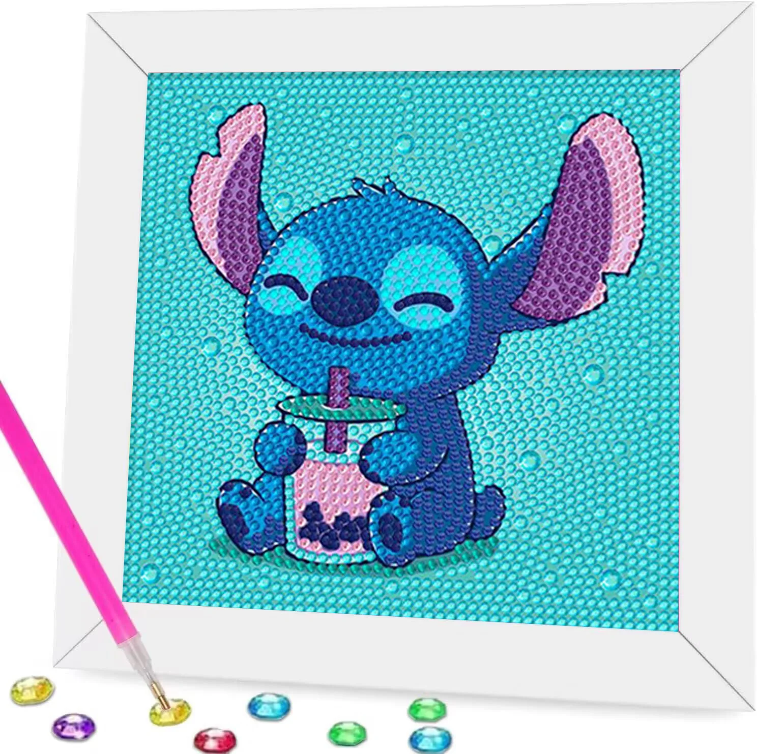 18x18cm With White Frame 5D Full Round Drill Diamond Painting Kit Cute Big Ears Blue Alien Pet Boba Milk Tea Cyan Bubble Backgro view 5
