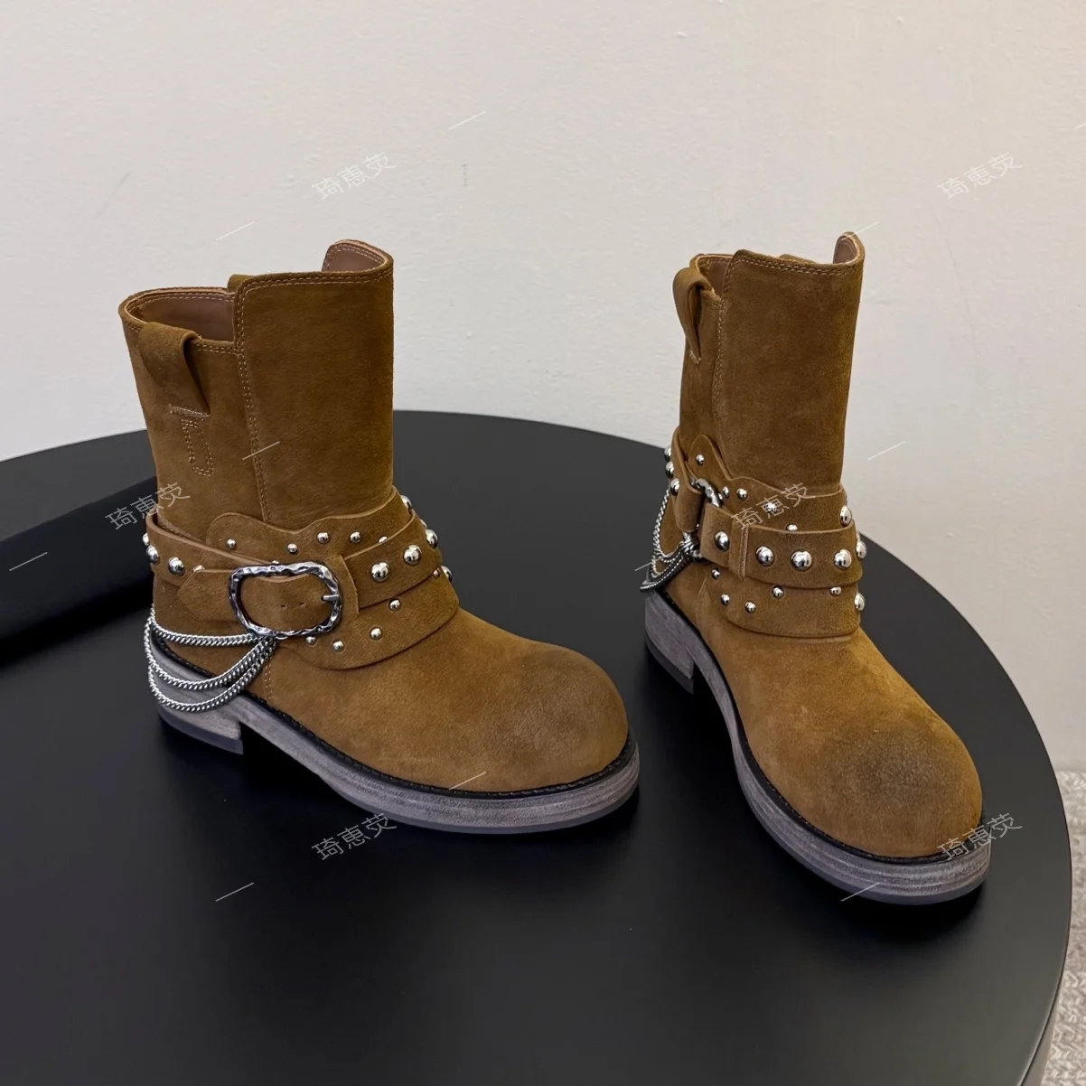 British-Style Biker Boots Studded Ankle Boots Chunky-Toe Punk Riding Boots Mid-Calf Fashion Boot Mid-Calf Boot Zapatos De Mujer