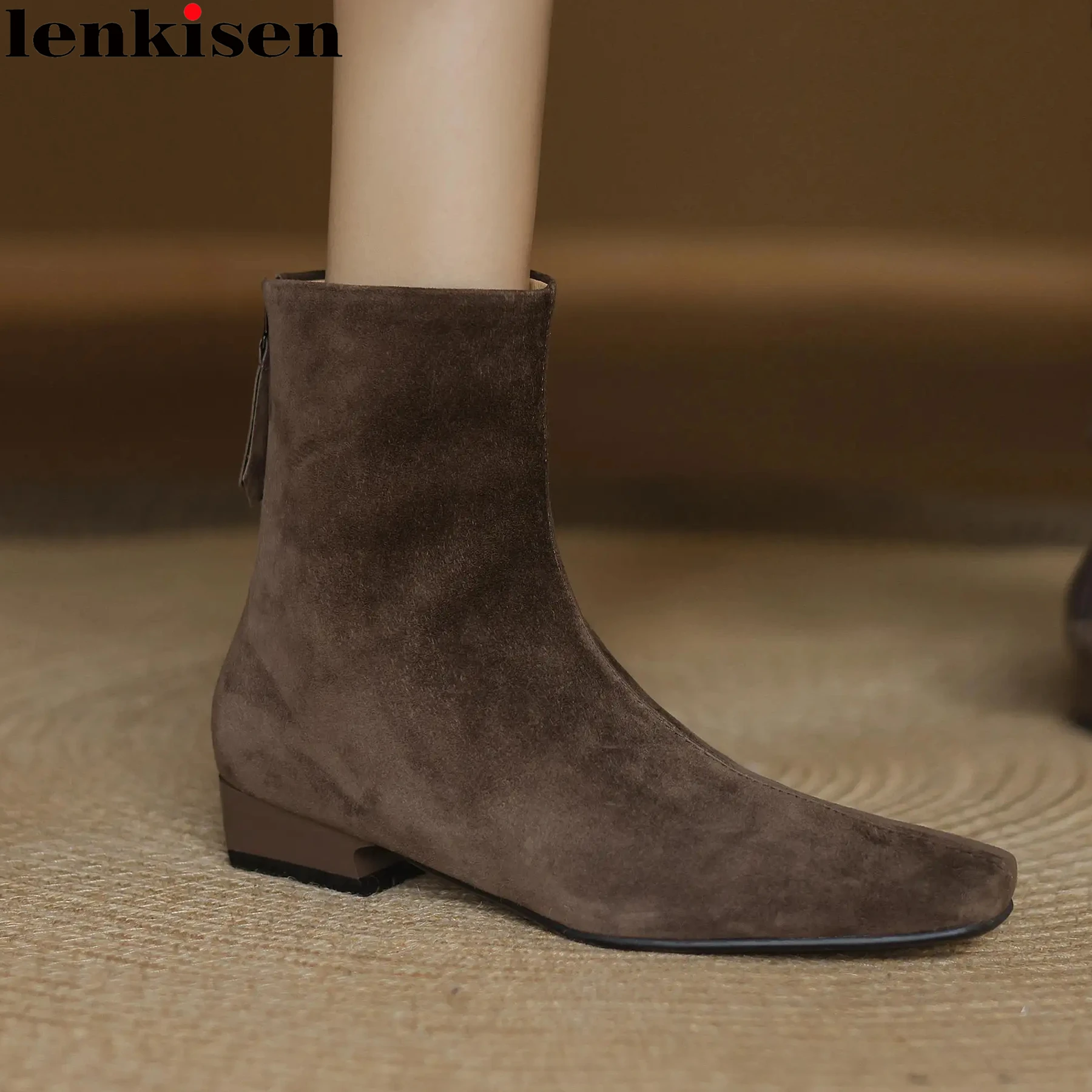 Lenkisen Sheep Suede Low Heels Modern Boots Square Toe Winter Autumn Shoes Keep Warm Zipper Concise Dating Ins Women Ankle Boots
