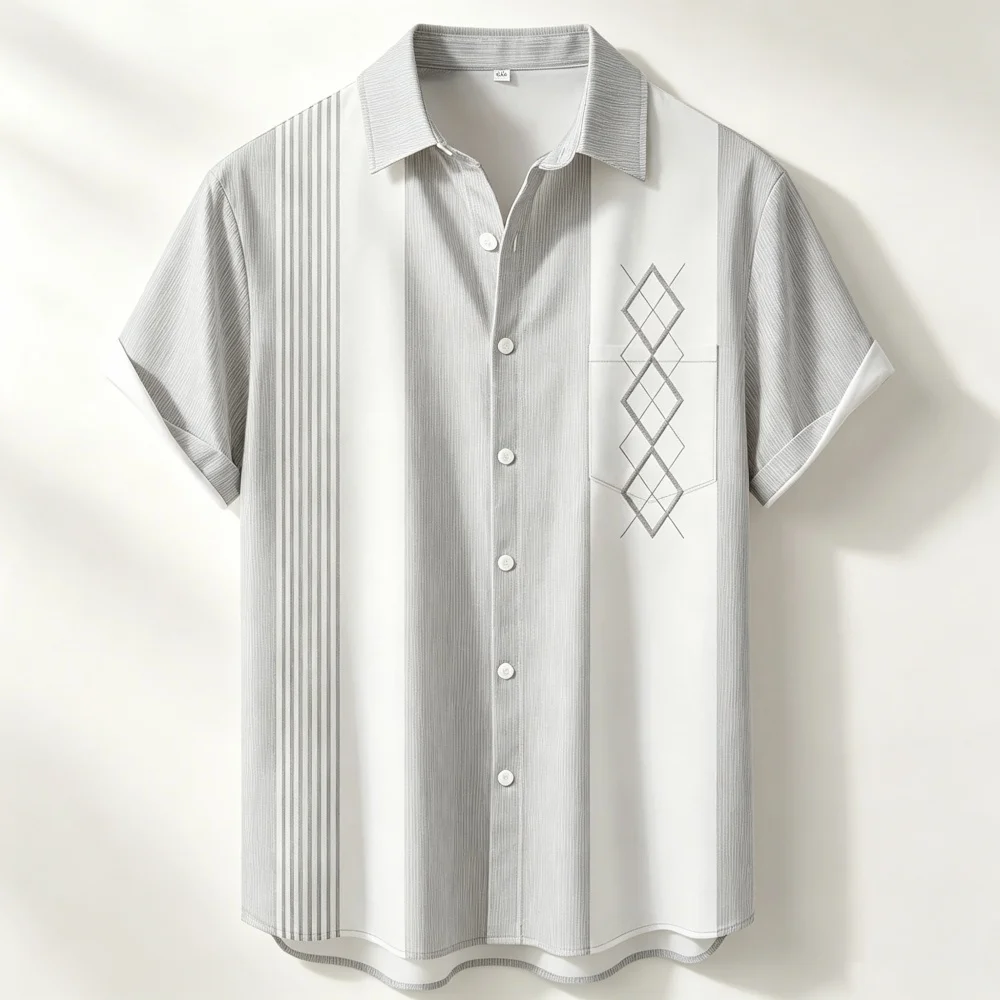 Summer new men's short sleeved shirt with contrasting vertical stripes and diamond grid print, fashionable and versatile shirt