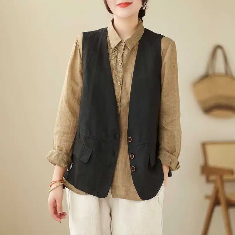 

Весенний винтажный однотонный художественный короткий хлопковый льняной жилет с воротником на пуговицах для женщин, верхняя одежда