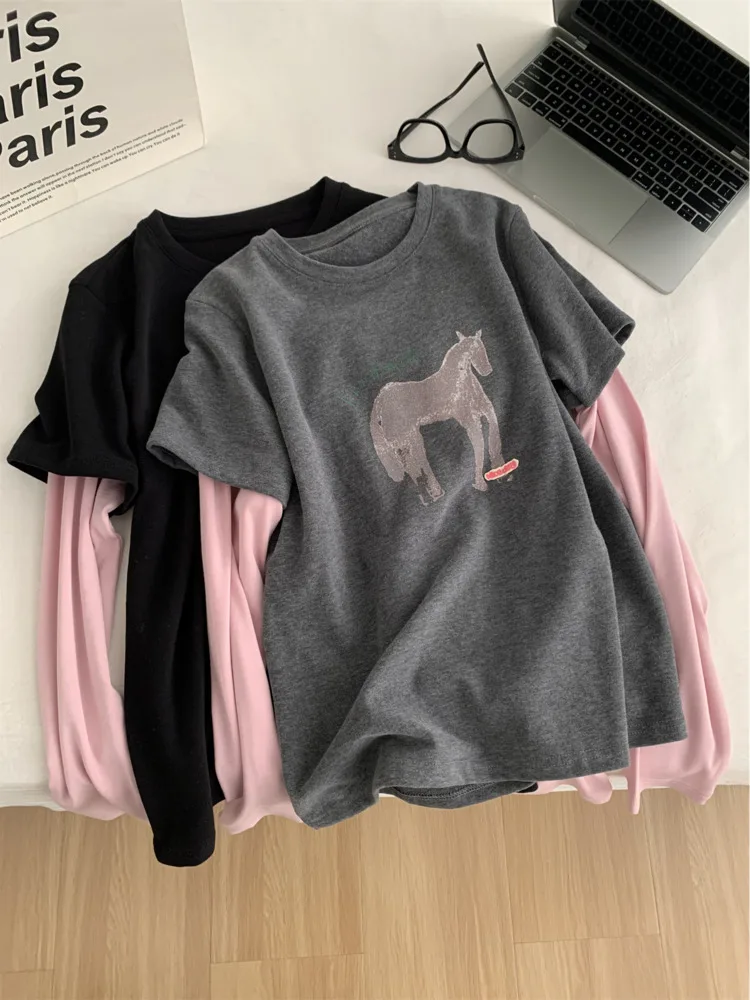 

Fake Two-Piece Print Brushed T-Shirt For Women Spring Color-Block Long Sleeve Korean Casual Tee