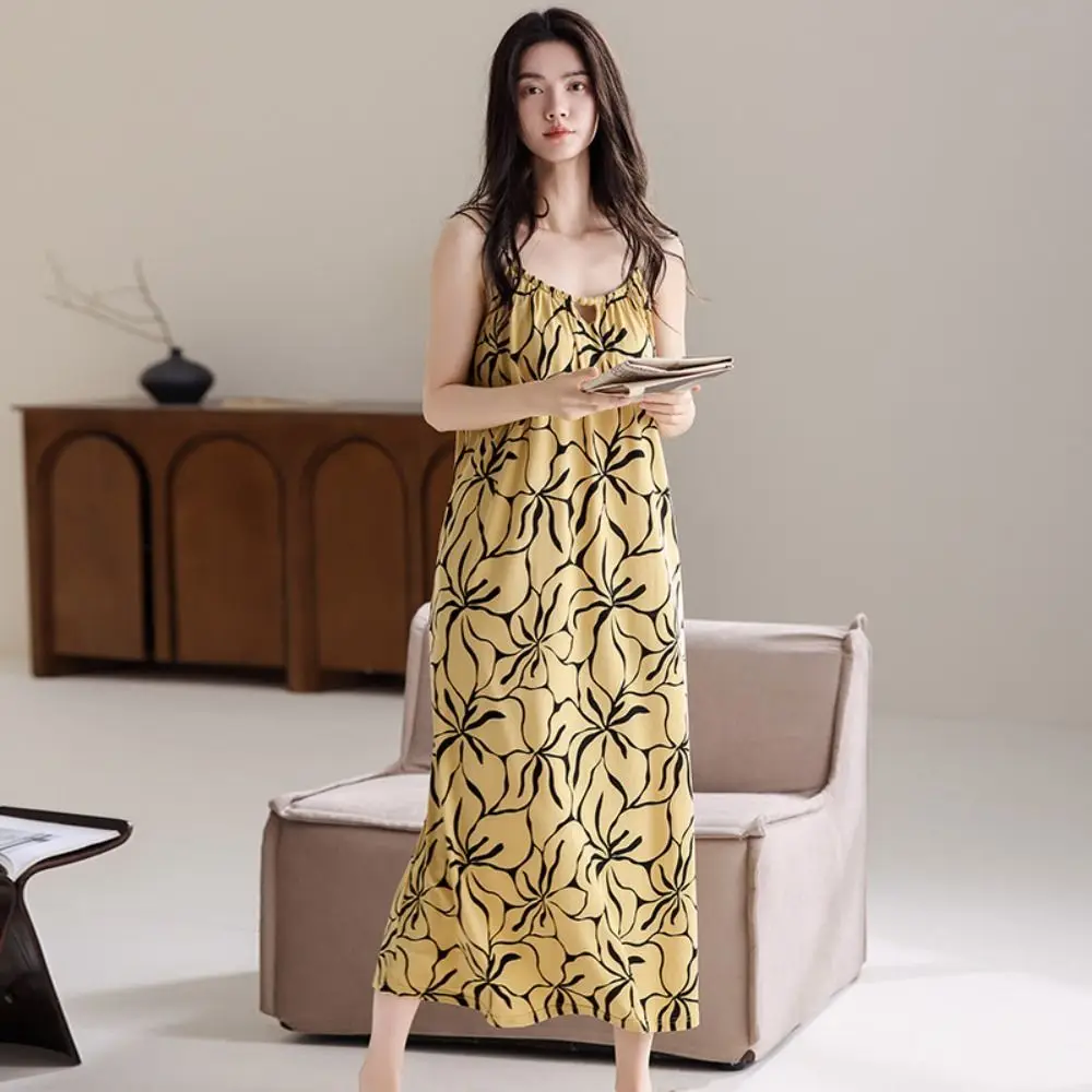 

High Waist Modal Women's Pajama Dress Flower Sleeveless Suspender Nightdress Homewear Ruffle Sling Nightgown with Pads Summer
