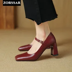 Plus Size 40 Women Leather Shoes Square Toe Mary Janes Shoes Red Girls Student School Shoe High Heel Lolita Shoes Dress Shoe