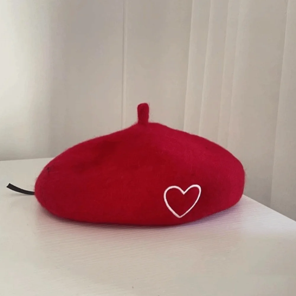 Heart Embroidery Knitted Beret Hat Round To Korean Style Korean Style Beret Solid Color Windproof & Warm Painter Beret Cap