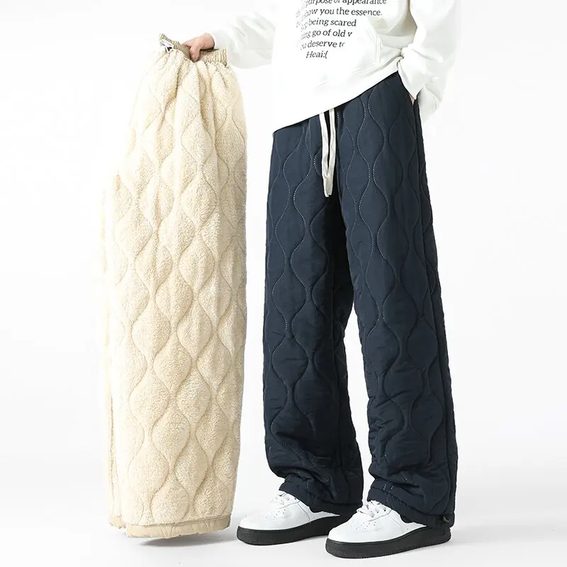 Winter New Fashionable Solid Color Thick Warm Cotton Pants with Velvet for Men's Casual Loose Sport Windproof Large Size Pants