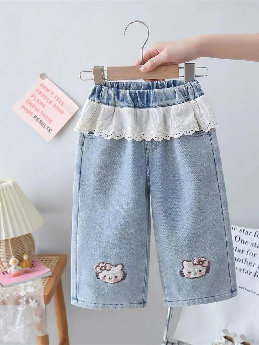 กางเกงยีนส์ขายาวทรงขากว้างลายการ์ตูนสำหรับเด็กผู้หญิง  ผ้ากำมะหยี่  ฤดูหนาว 2025