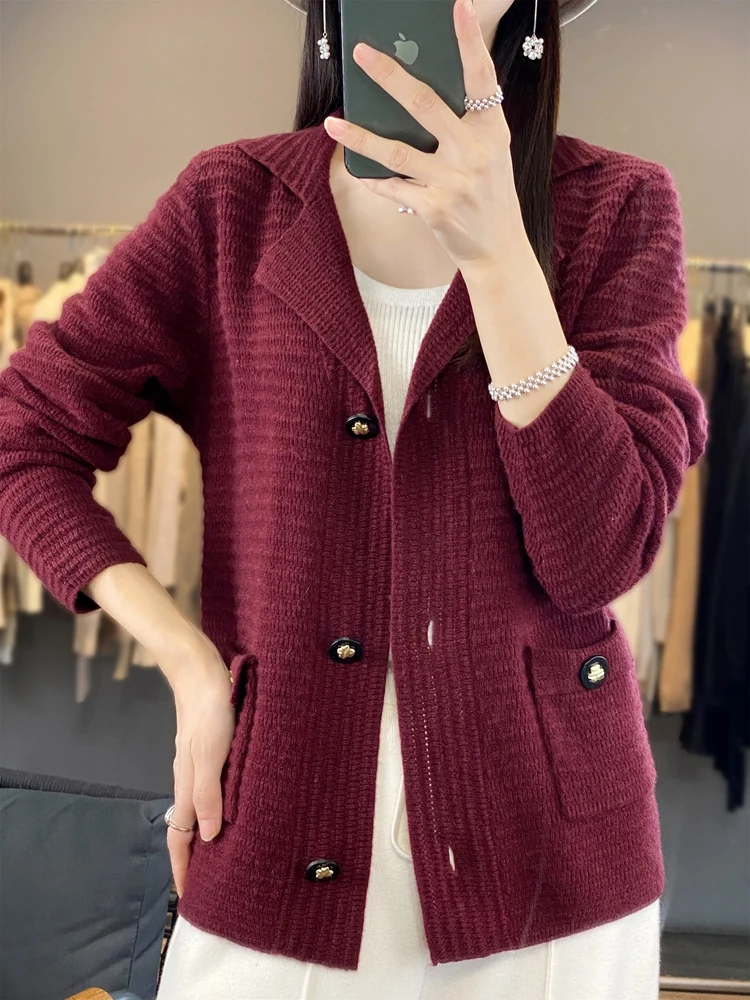 100% Merino Wool Women Sweater Turn-down Collar Cardigan Spring Autumn Soft Cashmere Knitted Coat Office Lady Grace Clothing