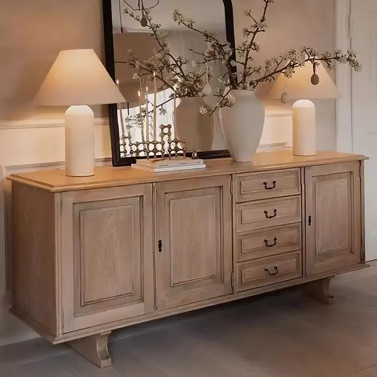 

LD6French retro carved solid wood TV cabinet log wind porch Nordic simple storage cabinet