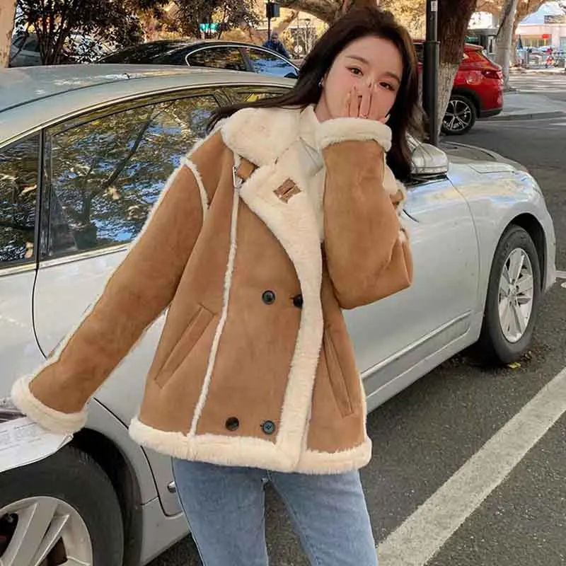 

Fall Winter Warm Lamb Fur Coats Women Fashion Long Sleeve Double Breasted Loose Jacket Y2K Streetwear Splicing Casual Outerwear