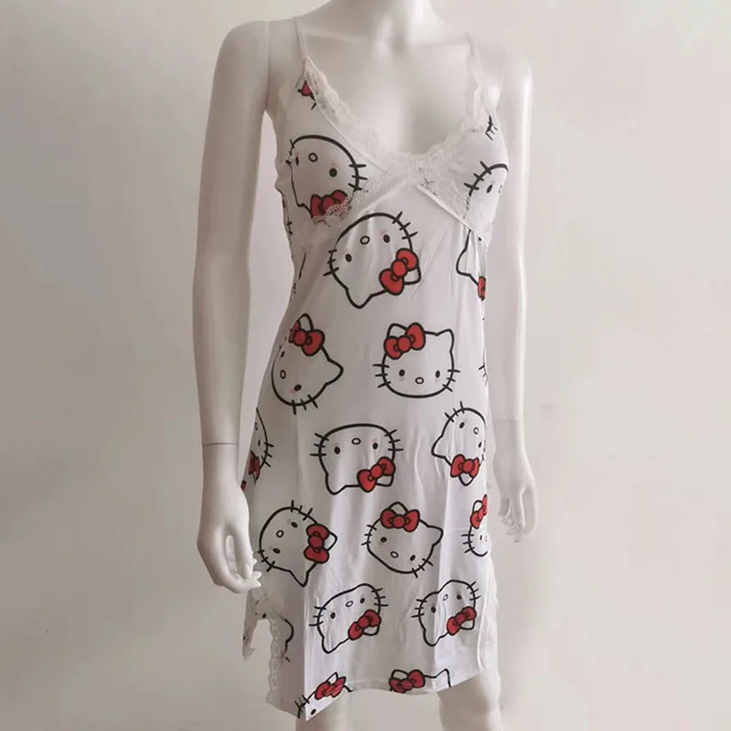 Hello Kitty Sanrio Women Sexy Sleepwear Summer Lace Suspender V-Neck Sleeveless Pajamas Nightgown Feminine Dress Pajama Gift