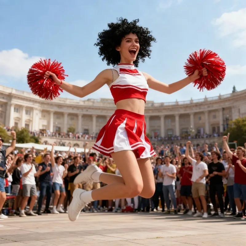 Costume da cheerleader da donna colorato di carnevale, abito da spettacolo, uniforme cosplay, set di vitalità, la festa brilla nella sala