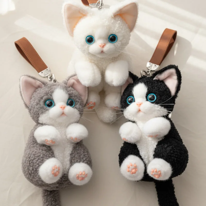 Plush Cat Keychain Realistic Devon Cat Doll Bag Charm Soft Stuffed Animal Pendant Women Handbag Accessories