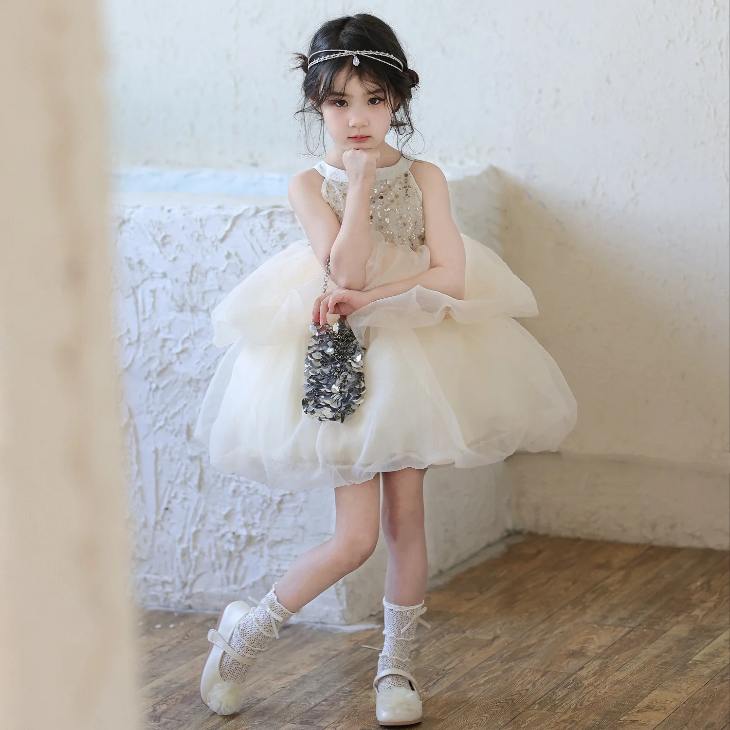

Girls Neck Sequined Mesh Cloud Dress 2025 Summer New Girls Birthday Dress Princess Sweet Baby Girl
