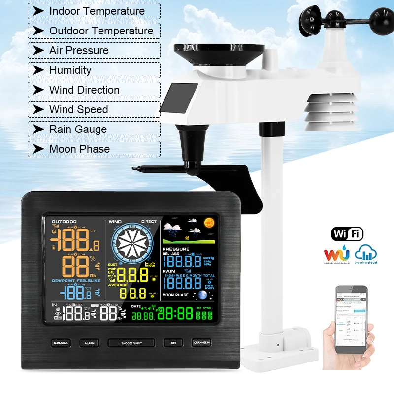 VICTOR 8-in-1 Auto Radio Controlled Digital Color Wireless Smart Weather Station Wifi Indoor Outdoor Sensor Weather Forecasting