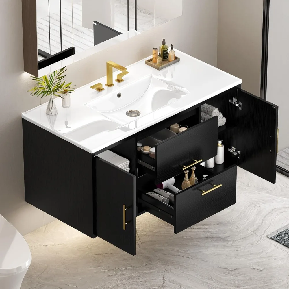 Floating Bathroom Vanity with Three Holes Sink with 2 Storge Cabinets & 2 Drawers, Floating Vanity