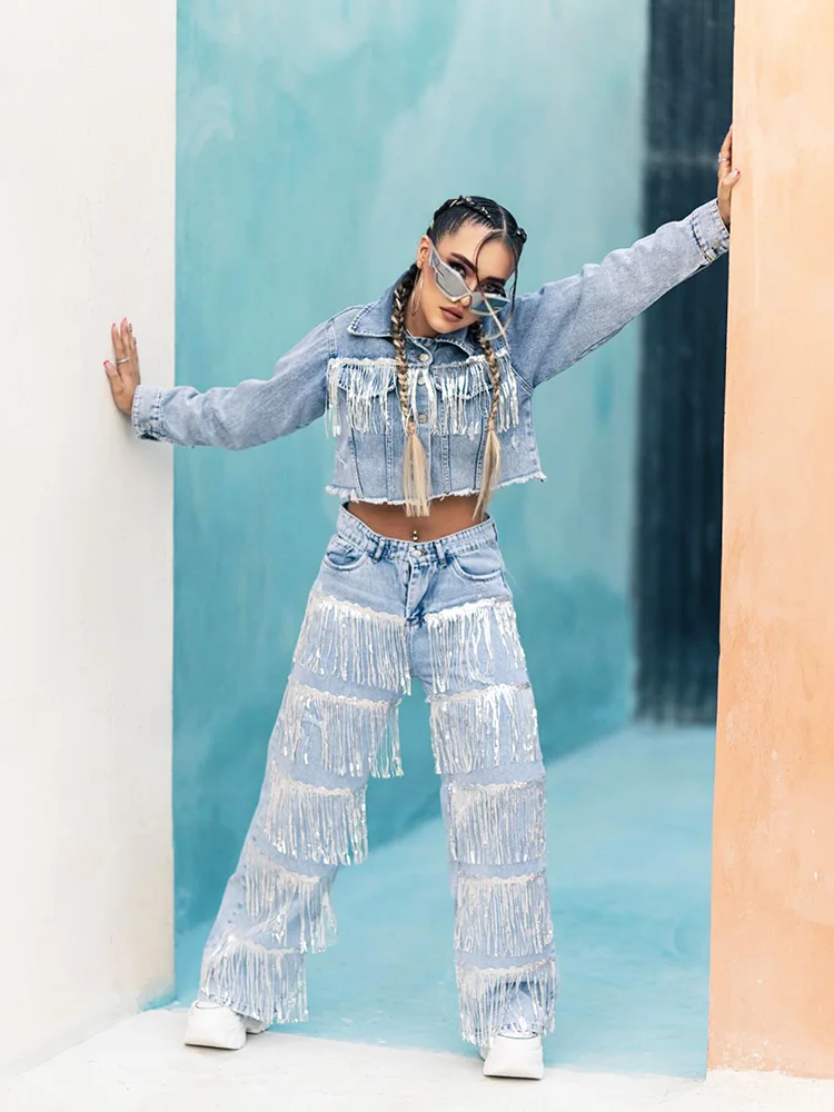 Fashion Woman Tassel Jeans American Street Shot Hot Item Sparkling Tassel Design Straight Tube High Street Sexy Style Blue Pants