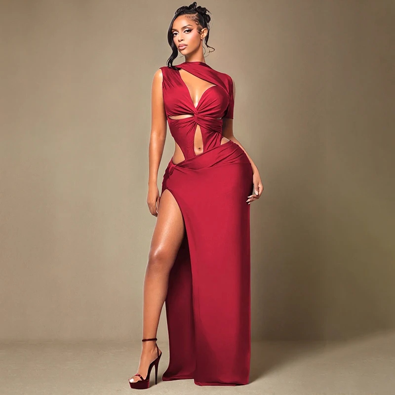 

New Summer Ladies Sexy Hottie Hollow Single Sleeve Hip-Covering Slit Irregular Dress Daily Date Fashion Banquet Party Long Dress
