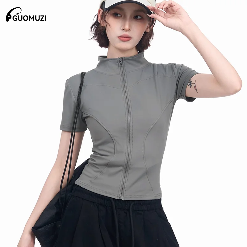

Women's Yoga Wear Sports Short-sleeved Tops Summer Waist Half-high Collar Slim Fit Short Straight Shoulder Quick-drying T-shirt