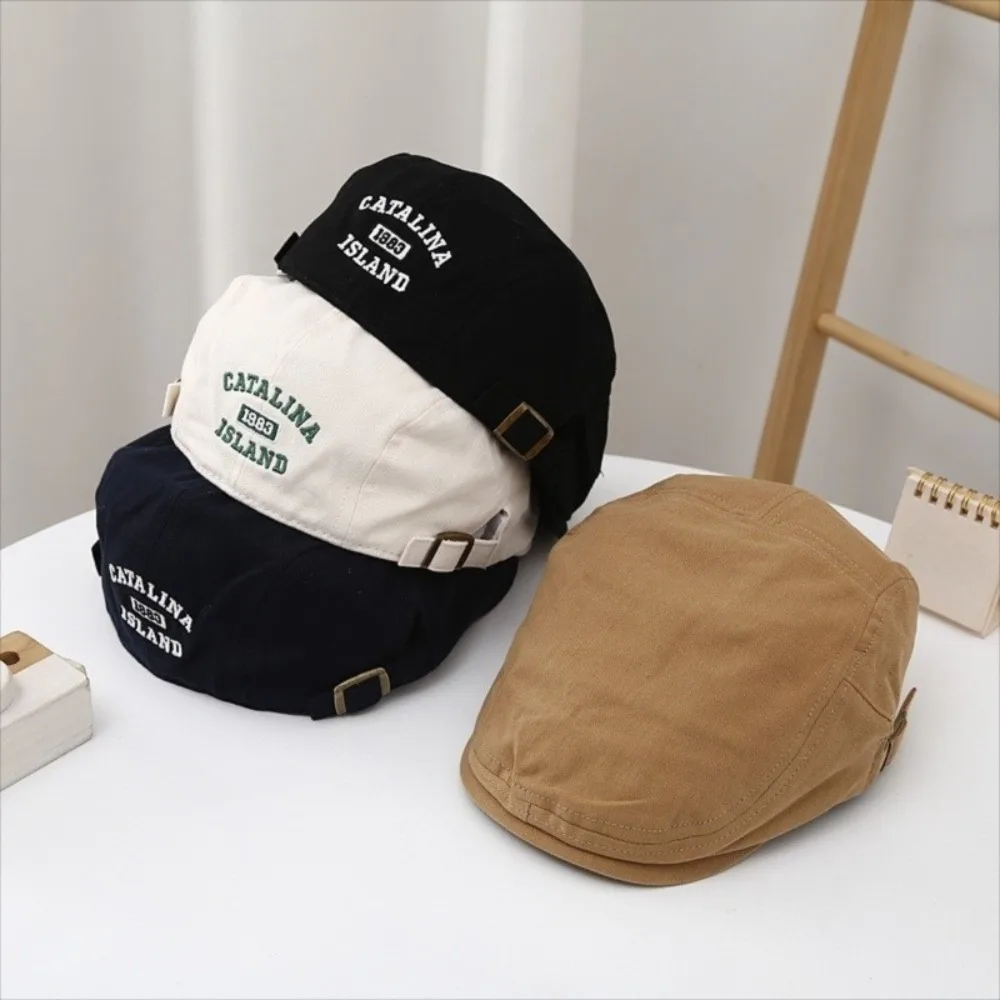 

Vintage Cotton Letter Embroidery Beret Adjustable Flat Forward Hat Versatile Korean Style Newsboy Cap Outdoor