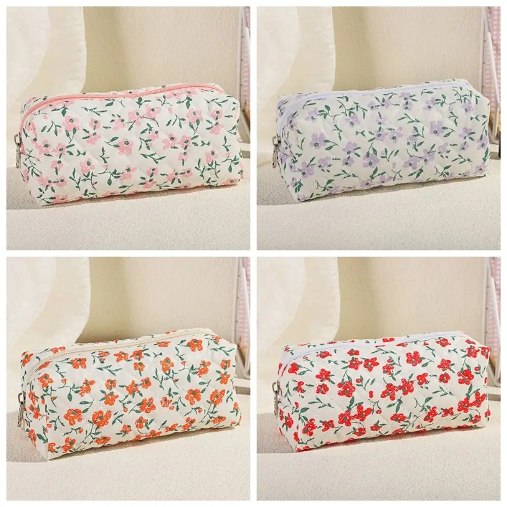 Korean Floral Pencil Bag Gook Looking Aesthetic Puffy Quilted Pen Bag Cotton Sweet Stationery Storage Bag Student Supplies