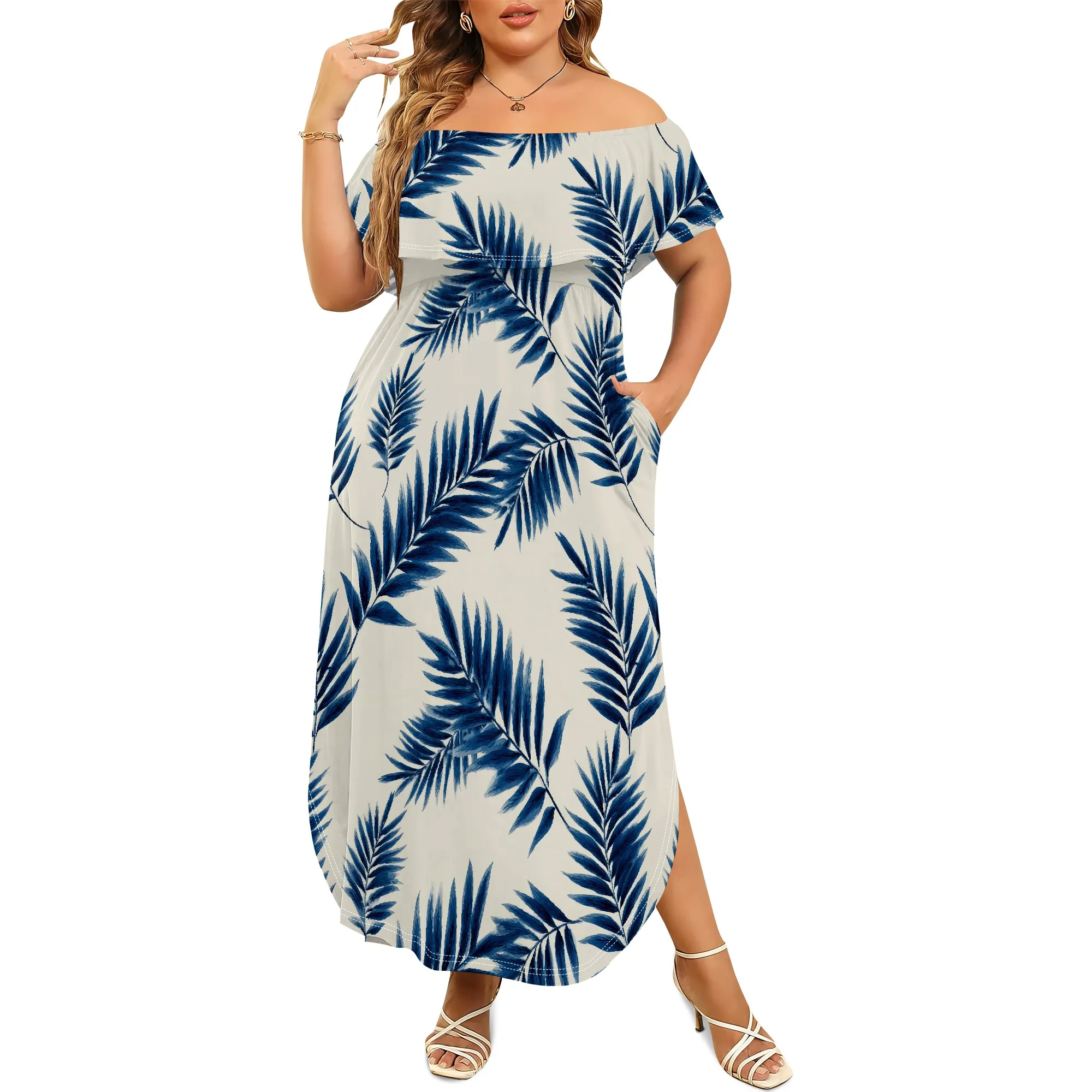 

Women's Upper Flounce Layer Off Shoulder Plus Size Slit Maxi Dress