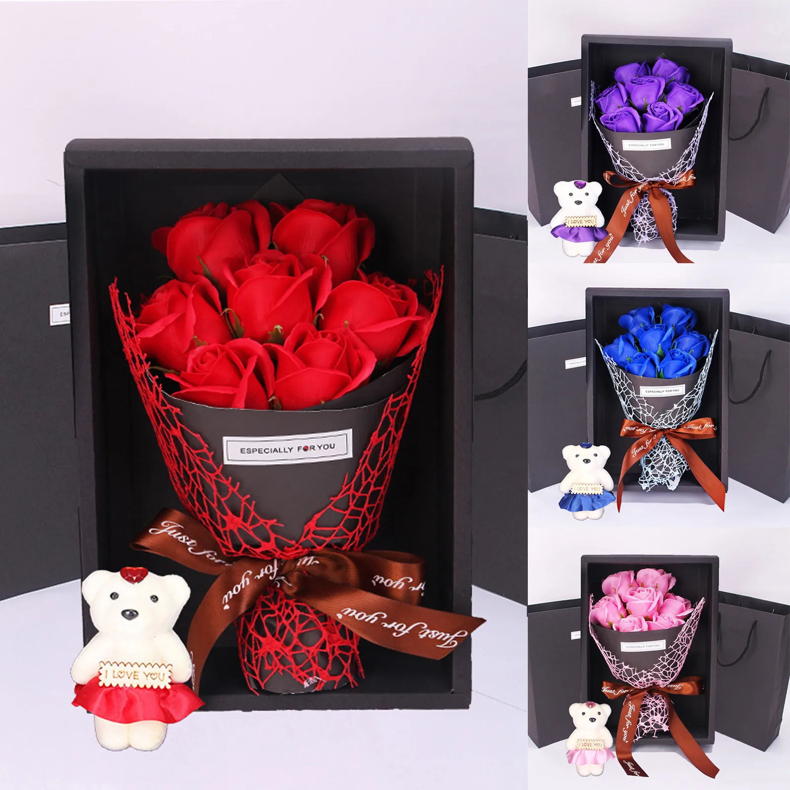 7 Artificial Roses Bouquet Gift Box With Bear Rose Soap Flower Valentine's Day Romantic Gift Box Girlfriend Gift Romantic Gifts