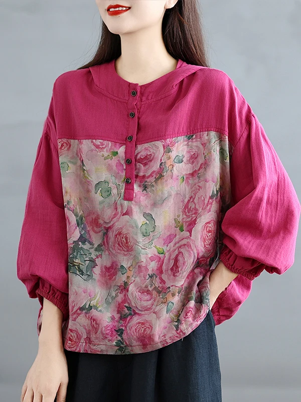 초가을 빈티지 스플라이스 컬러 블록 코튼 얀 후드 루즈 맘 셔츠 다용도 긴 소매 통기성 피부 친화적