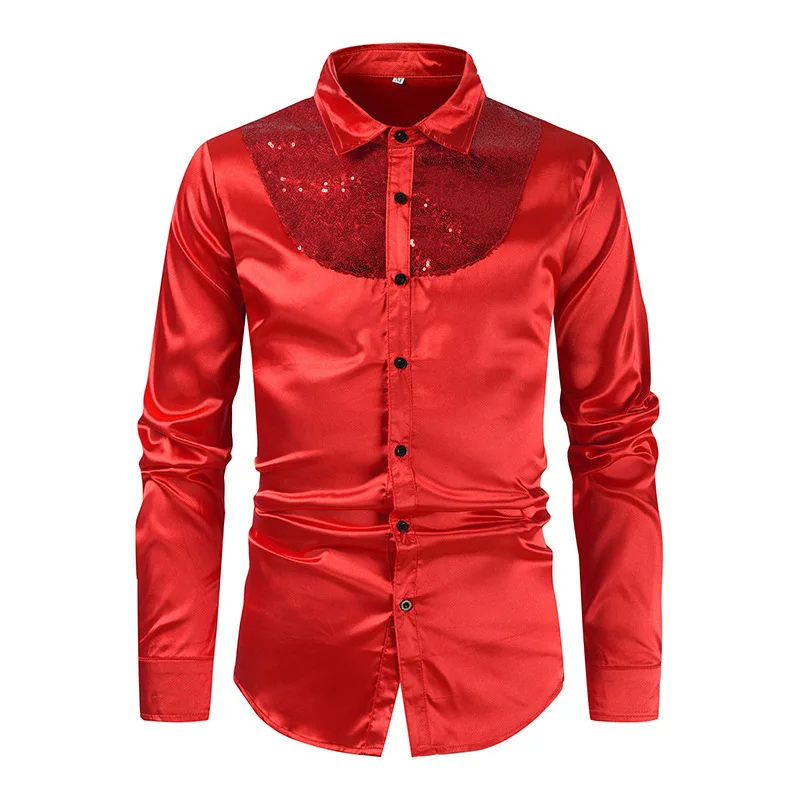 Men's Shirt Glitter Sequins Shirt Performance Nightclub Men's Host Mc M Top Wedding Host Prom Men's Shirts Lapel Long Sleeve Top