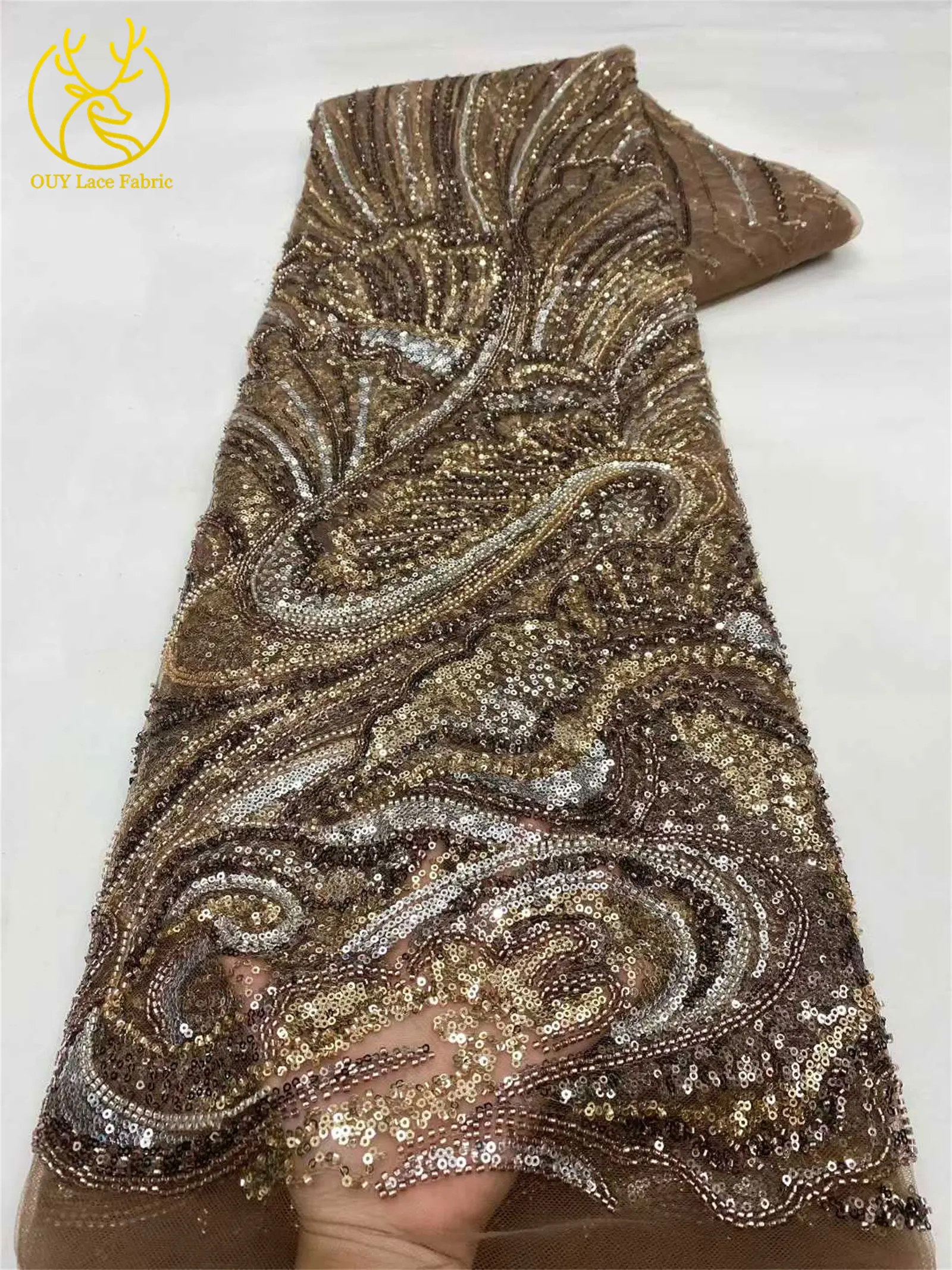 2026 Afrikanischer Perlen-Pailletten-Spitzenstoff, hochwertiger nigerianischer Tüll-Spitzenstoff, geeignet für Hochzeitskleid-Nähmaterial, 5 Yards – Detail 18