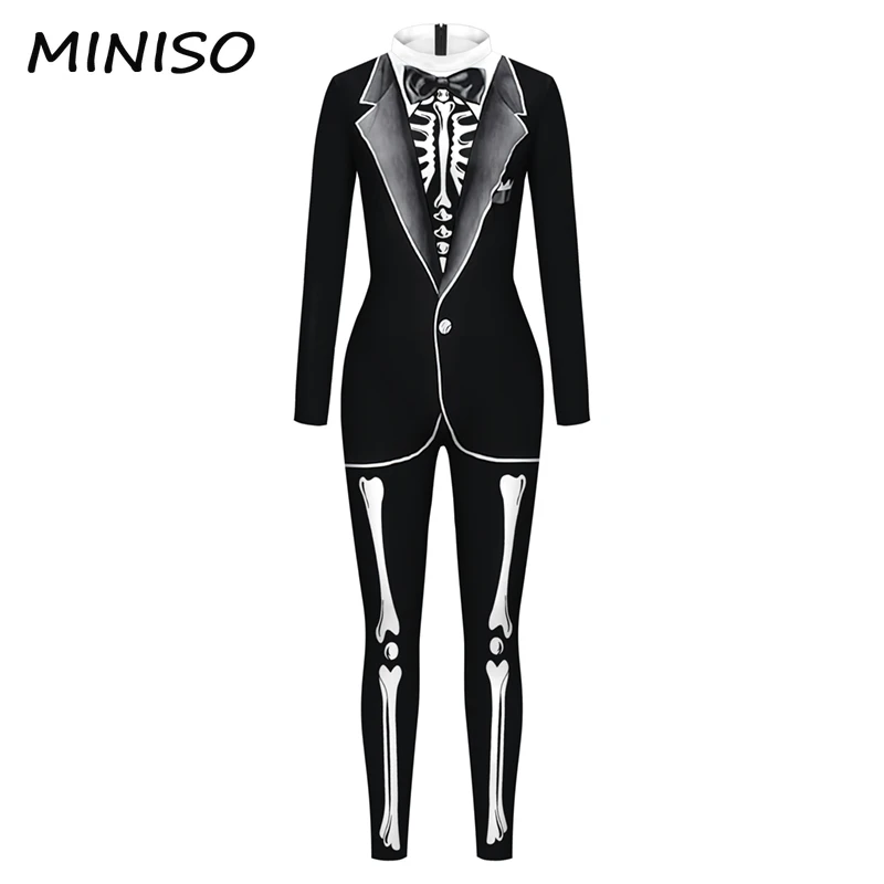 MINISO Halloween Party Costume Fancy Skeleton Printed Jumpsuits Outsuit Party Wear Long Sleeve Cosplay Costume Zentai Suit