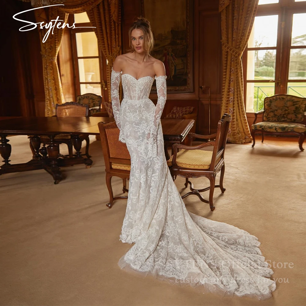 SSYTENS Beach Full Lace Wedding Dresses For Bride Removable Long Sleeves Slim Fit Mermaid Wedding Gowns Princess Bridal Gowns