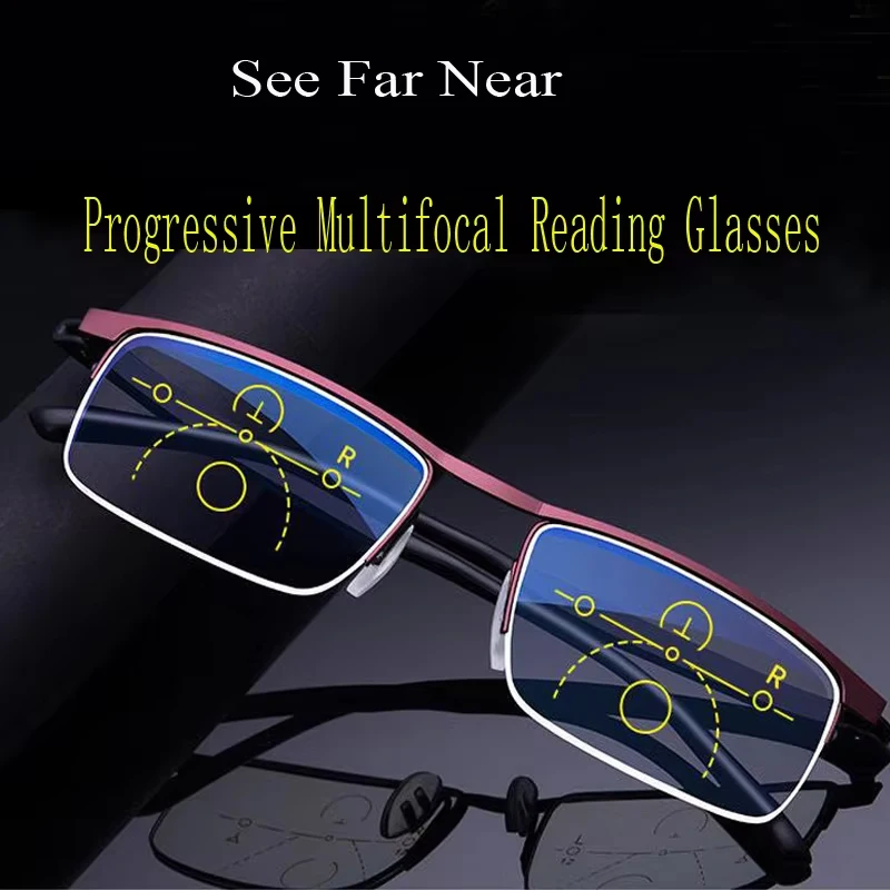 Hot Sale Progressive Reading Glasses Multifocal Anti Blue Ray Glass Glasses Half Frame Metal Alloy Men Women 1.5 1.0 2.5 Black