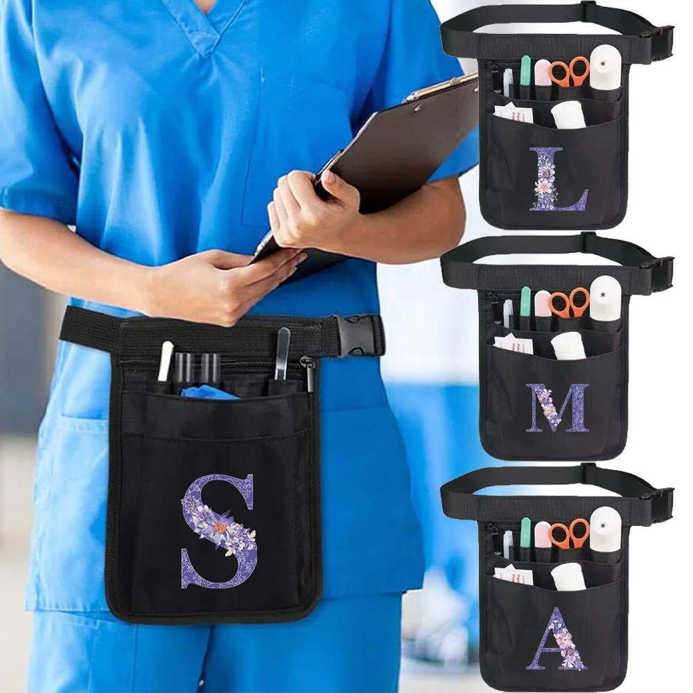 

Purple Flower Letter Pattern Multifunctional Waist Bag Workout Adjustable Strap Storage Waist Pack Accessories Nurse Waist Bag