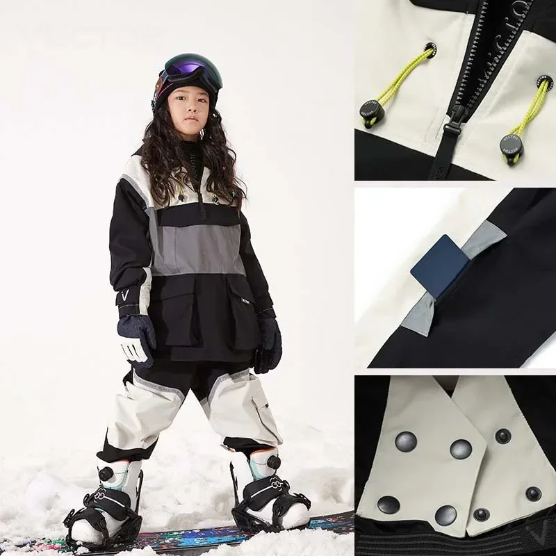 2025 neue Mädchen Winter druck warme wind dichte Ski anzug wasserdichte Outdoor-Kapuze Reiß verschluss Ski-Sets Polyester Langarm Kinder anzüge