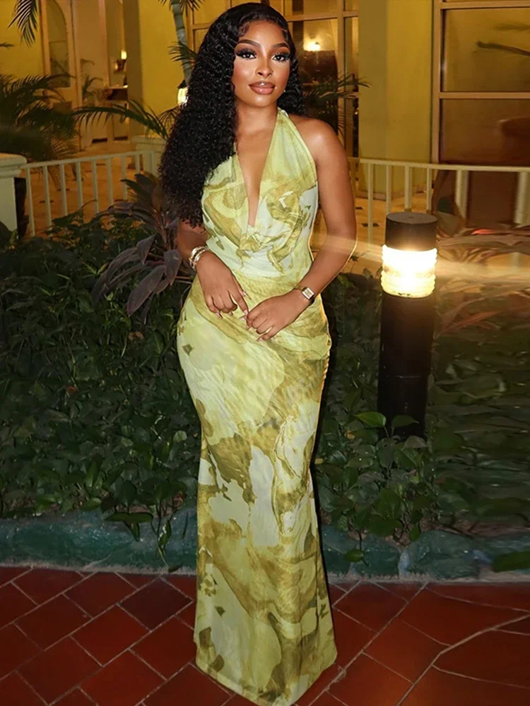 

Women Sleeveless Ruched Halter V-neck High Waist Long Maxi Dress Print Birthday Night Club Party Vestidos Sexy Dresses