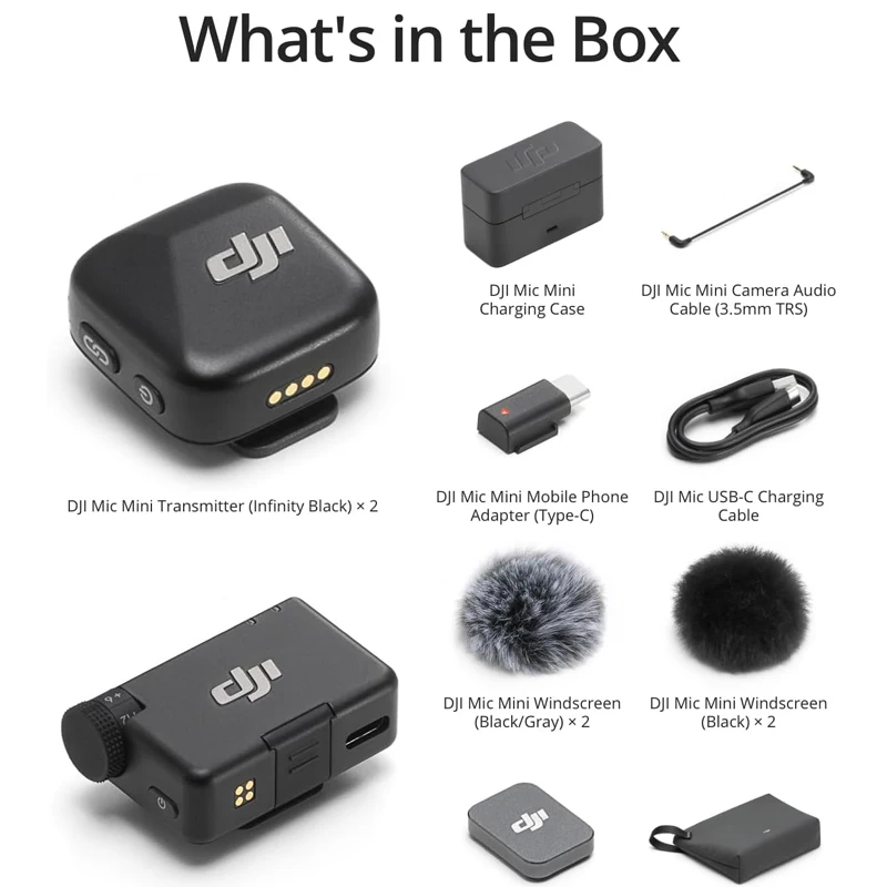DJI Mic Mini Microfone Sem Fio, Cancelamento Inteligente de Ruído, Áudio de Alta Qualidade, 2 TX Plus 1 RX Plus Estojo de Carregamento