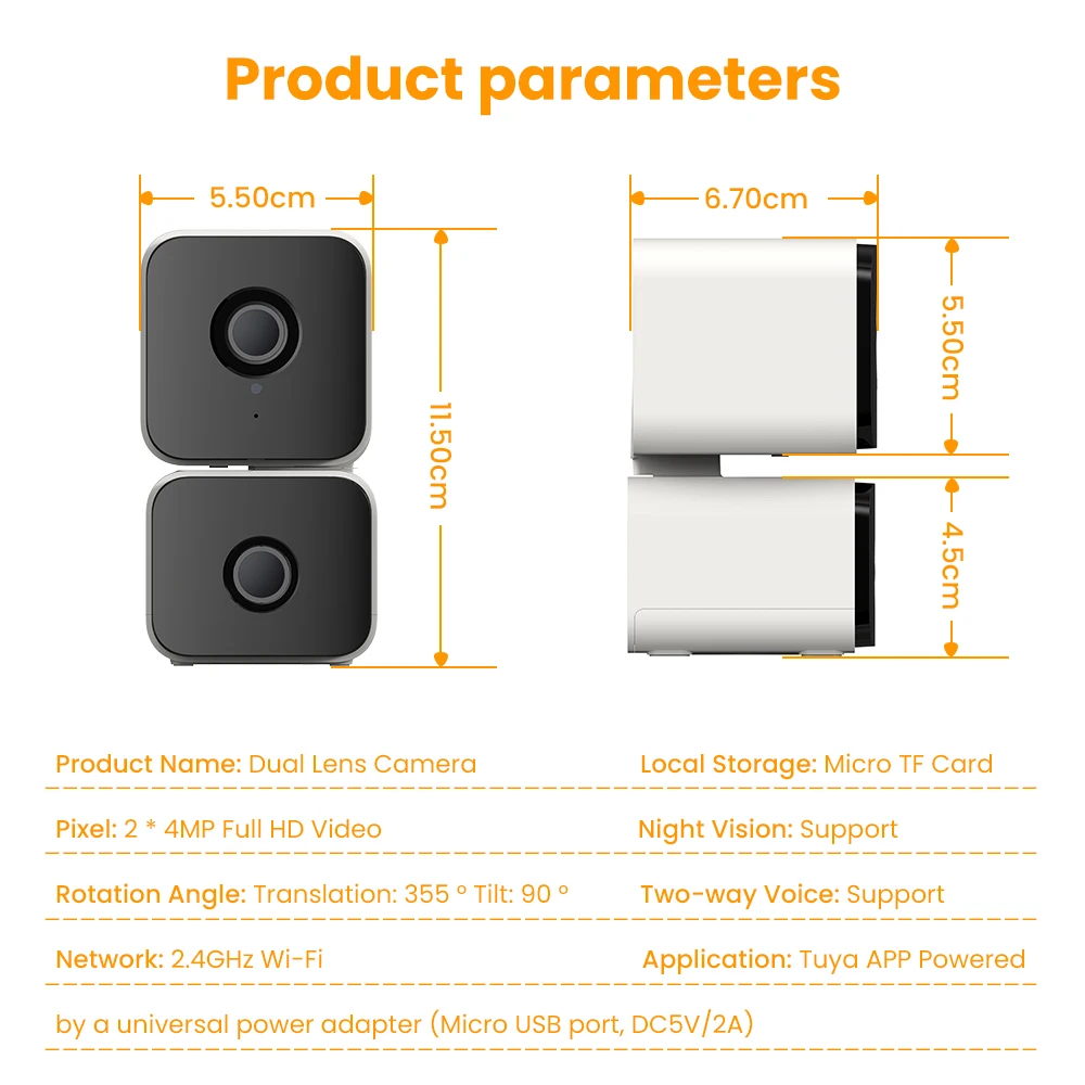 AVATTO Tuya WiFi Indoor Dual Lens Smart Camera Rilevamento umano Telecamera di sorveglianza con tracciamento automatico Funziona con Alexa Google