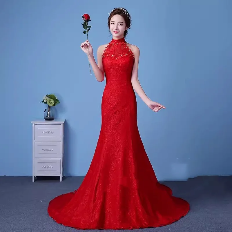 It's Yiiya Red Wedding Dresses Lace Sequins Halter Collar Marmaid Trumpet Floor-length Trailing Plus size Bride Gowns XN029