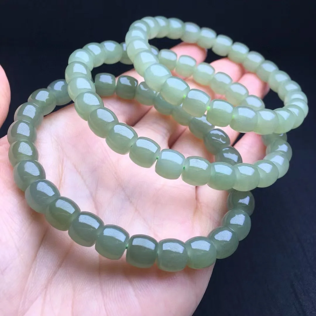 1Pc Fengbaowu Natural Green Hetian Jade Nephrite Bracelet Old Style Shape Beads Reiki Healing Stone Jewelry Gift For Women Men