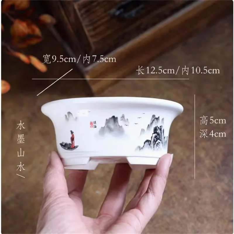 Porcelain White Oval Bonsai Pot,Mini Pot,Round,Small Flower Vase,Dormitory Planting, Desk Table, Garden Decoration