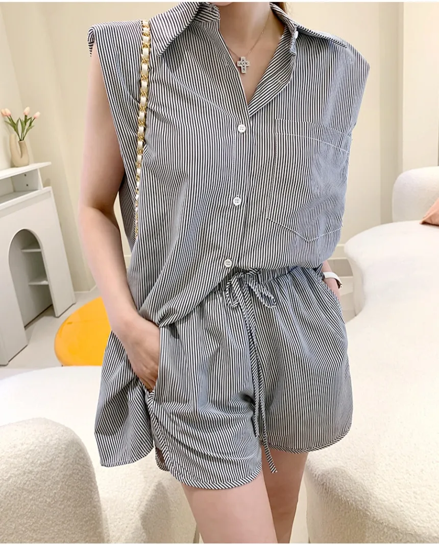 Summer Boyfriend Style Vest Shirt Set Women's Short Sleeve Casual Fashion Two-Piece Suit Polyester Fiber Summer Outfit