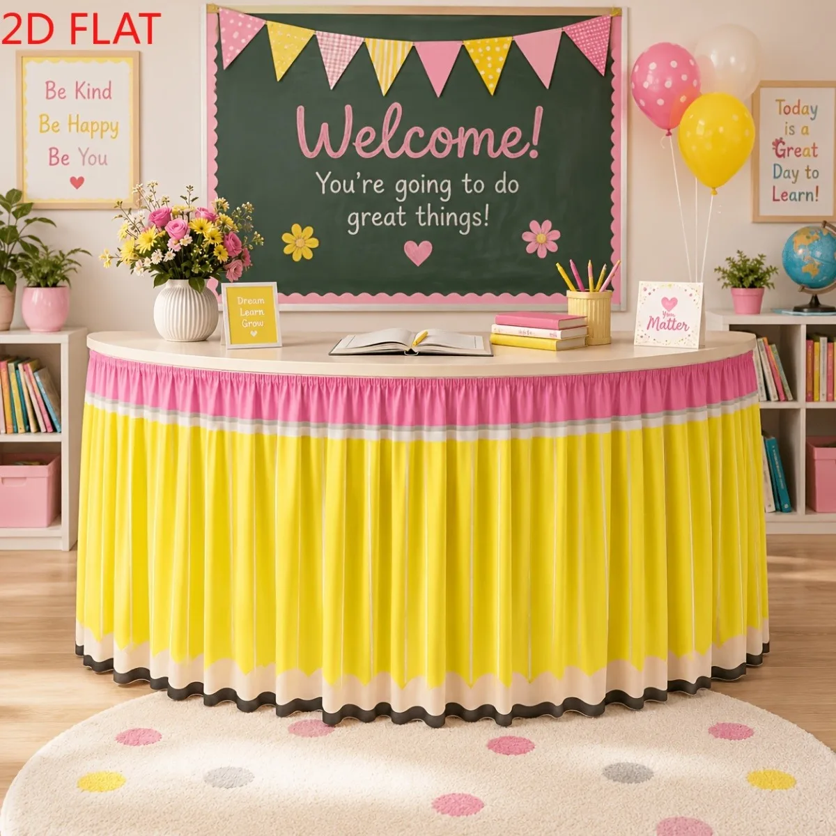 Halloween, Christmas, party table skirts; stationery theme; yellow pencil pattern with pink top design;xzj