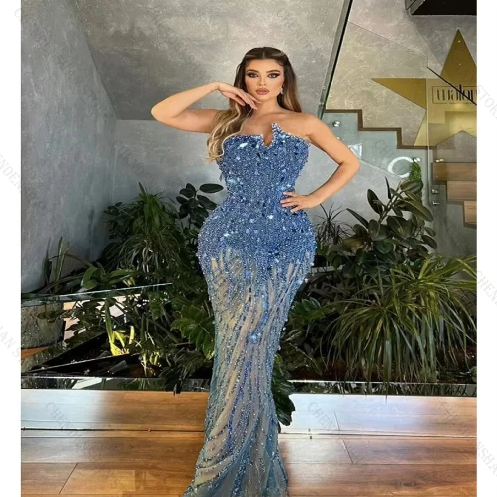 

Luxury Pearls Crystal Evening Dress Mermaid New Elegant Strapless Party Gowns Formal Occasion Prom Dubai Gown